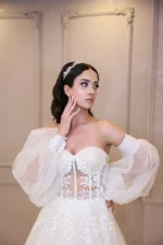 Transparan Balon Kol Helen gelinlik - Görsel 5