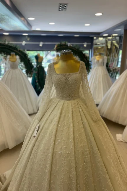 Uzun Kollu Transparan Prenses Model Gelinlik